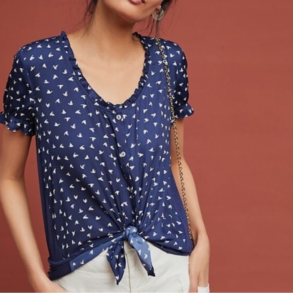 Anthropologie Blue and White Tie Front Short Sleeve Blouse